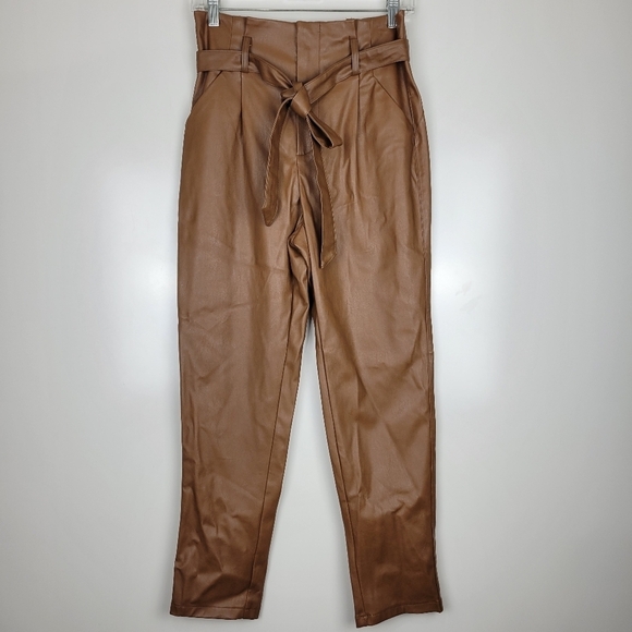 NWT Lucy Paris Faux Leather Paperbag-Waist pants in Cognac Size Small - Picture 2 of 11